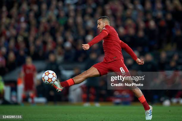 Thiago Alcantara of Liverpool controls the ball during the UEFA Champions League Semi Final Leg One match between Liverpool and Villarreal at Anfield...