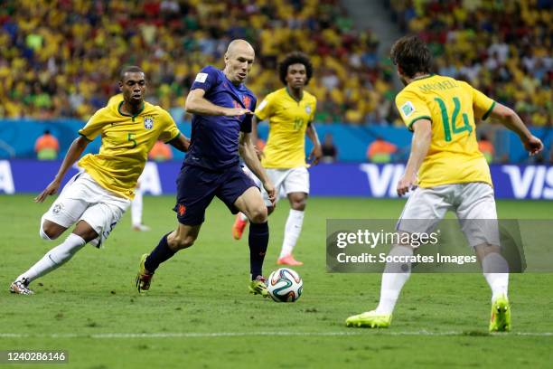 Fernandinho Fernando Luiz Roza of Brazil, Arjen Robben of Holland, Maxwell Scherrer Cabelino Andrade of Brazil during the World Cup match between...