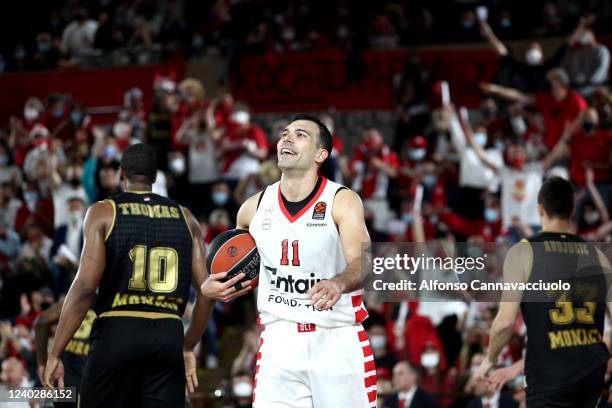 Kostas Sloukas, #11 of Olympiacos Piraeus during the Turkish Airlines EuroLeague Play Off Game 3 match between AS Monaco and Olympiacos Piraeus at...