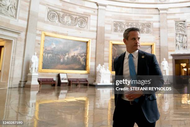 Representative Adam Kinzinger walks through the rotunda of the US Capitol in Washington, DC, on April 27, 2022.