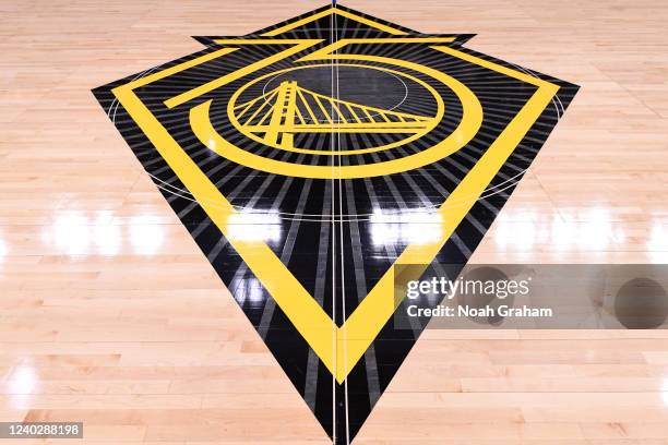 Detail photograph of the Golden State Warriors NBA 75 logo prior to the game during Round 1 Game 5 of the 2022 NBA Playoffs on April 27, 2022 at...