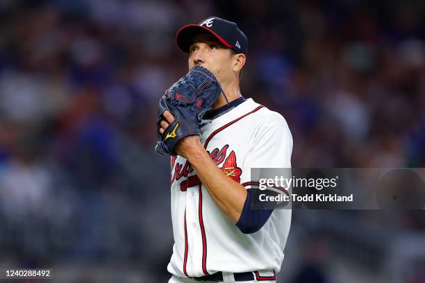 Charlie Morton of the Atlanta Braves is pulled during the third inning of an MLB game against the Chicago Cubs at Truist Park on April 27, 2022 in...