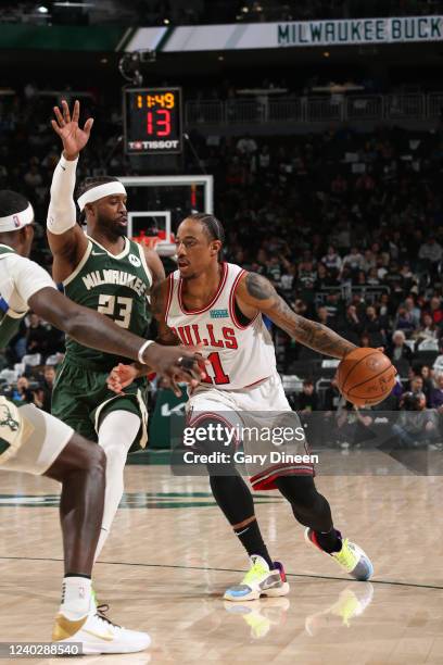 DeMar DeRozan of the Chicago Bulls drives to the basket against the Milwaukee Bucks during Round 1 Game 5 of the 2022 NBA Playoffs on April 27, 2022...