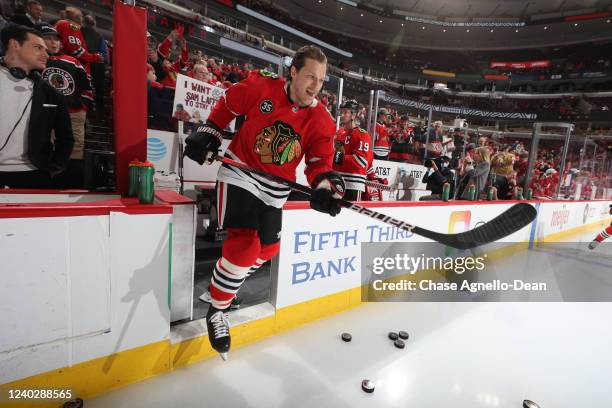 Jake McCabe of the Chicago Blackhawks warms up prior to the game against the Vegas Golden Knights at United Center on April 27, 2022 in Chicago,...