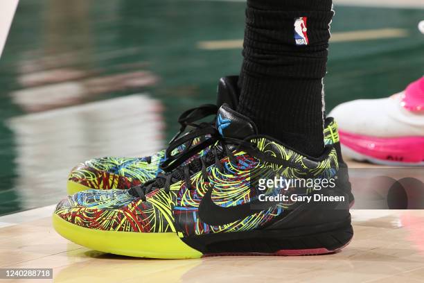 The sneakers worn by Troy Brown Jr. #7 of the Chicago Bulls against the Milwaukee Bucks during Round 1 Game 5 of the 2022 NBA Playoffs on April 27,...