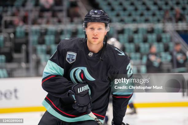 Dennis Cholowski of the Seattle Kraken looks on before the game against the Los Angeles Kings at Climate Pledge Arena on April 27, 2022 in Seattle,...