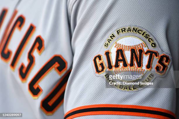 Closeup of the San Francisco Giants logo on a jersey sleeve during the seventh inning against the Washington Nationals at Nationals Park on April 24,...