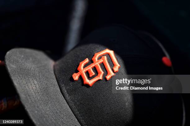 Closeup of the San Francisco Giants logo on a hat during the seventh inning against the Washington Nationals at Nationals Park on April 24, 2022 in...