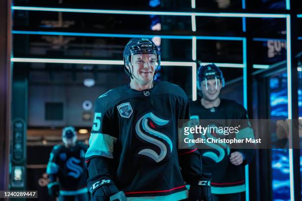 Karson Kuhlman of the Seattle Kraken reacts before the game against the Los Angeles Kings at Climate Pledge Arena on April 27, 2022 in Seattle,...