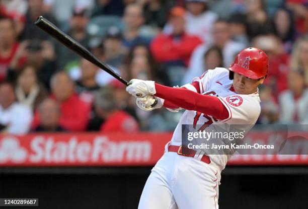 Shohei Ohtani of the Los Angeles Angels bats in the first inning against the Cleveland Guardians at Angel Stadium of Anaheim on April 27, 2022 in...