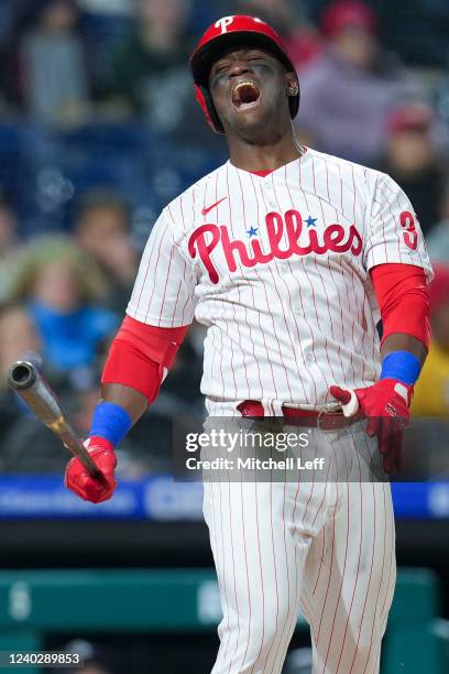 Odubel Herrera of the Philadelphia Phillies reacts after fouling out to end the bottom of the sixth inning against the Colorado Rockies at Citizens...