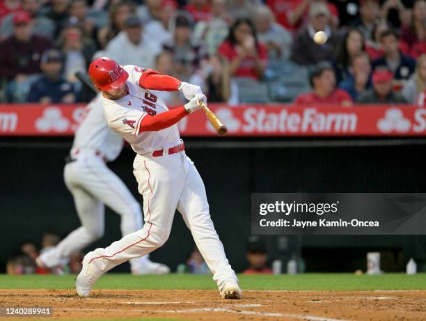 Taylor Ward of the Los Angeles Angels hits a grand slam home run in the second inning against the Cleveland Guardians at Angel Stadium of Anaheim on...