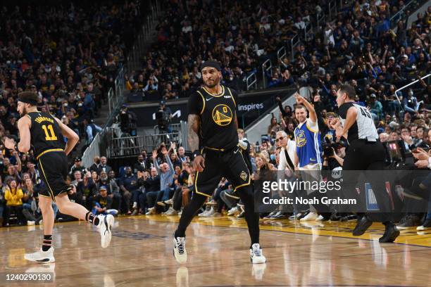 Gary Payton II of the Golden State Warriors celebrates during Round 1 Game 5 of the 2022 NBA Playoffs on April 27, 2022 at Chase Center in San...
