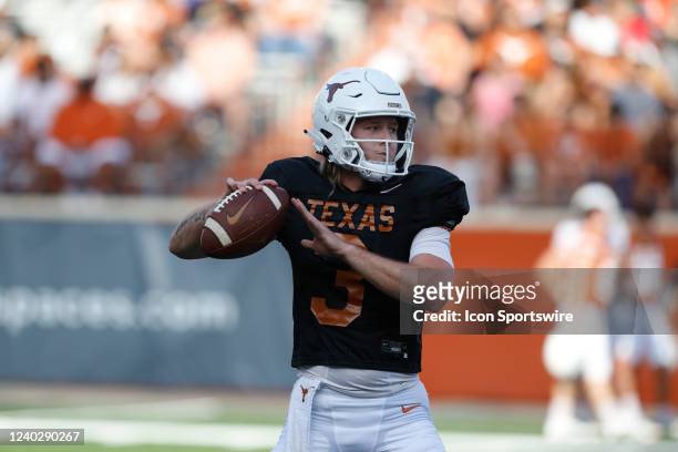 University of Texas Longhorns quarterback Quinn Ewers makes a throw during the spring game on April 23 at Darrell K Royal - Texas Memorial Stadium in...