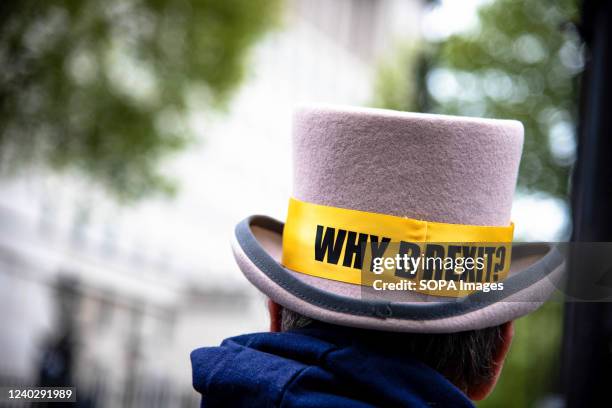 Protester wears a hat with a yellow ribbon saying "Why Brexit?" during the demonstration. Demonstrators gathered at Whitehall in protest against...