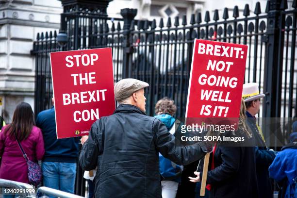 Protester holds anti-Brexit placards during the demonstration. Demonstrators gathered at Whitehall in protest against Brexit and Boris Johnson's...
