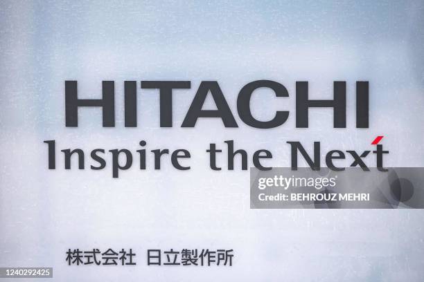 This picture shows the Hitachi logo in Tokyo on April 28, 2022.