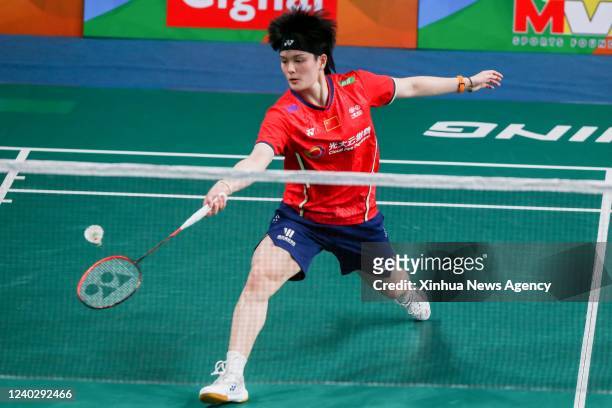 Wang Zhiyi of China competes during the women's singles 1st round match against Busanan Ongbamrungphan of Thailand at the Badminton Asia...