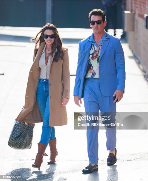 Keleigh Sperry and Miles Teller are seen at "Jimmy Kimmel Live" on April 27, 2022 in Los Angeles, California.