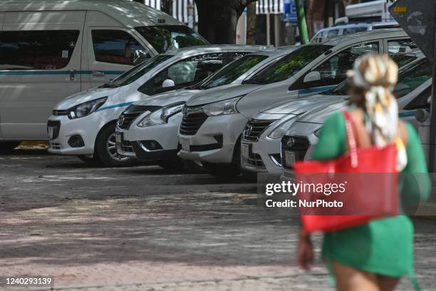 Taxis waiting for customers near Fifth Avenue in Playa del Carmen. On Wednesday, 27 April 2022, in Playa Del Carmen, Quintana Roo, Mexico.