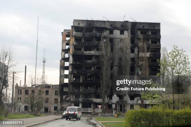 An apartment block affected by a fire sparked by Russian shelling is pictured in Borodianka, an urban-type settlement liberated from Russian...