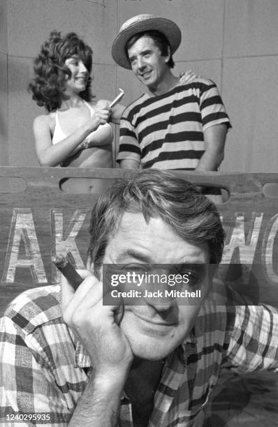 View of actors Hal Holbrook , Pamela Shaw, and Albert Paulsen in costume for one of a pair of Off-Broadway, one-act plays at the American Place...