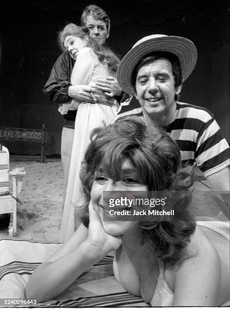 View of actors Pamela Shaw and Albert Paulsen & Hal Holbrook and Esther Benson in costume for one of a pair of Off-Broadway, one-act plays at the...