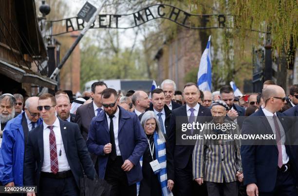 Polish President Andrzej Duda , President of International March of the Living Phyllis Greenberg Heideman , and Auschwitz survivor Edward Mosberg...