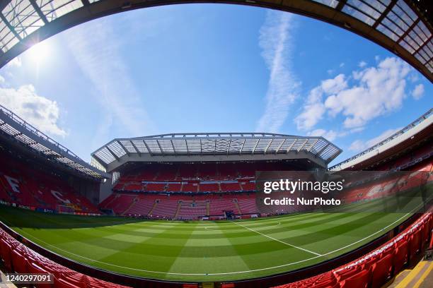 Stadium general view during the UEFA Champions League Semi Final Leg One match between Liverpool and Villarreal at Anfield on April 27, 2022 in...