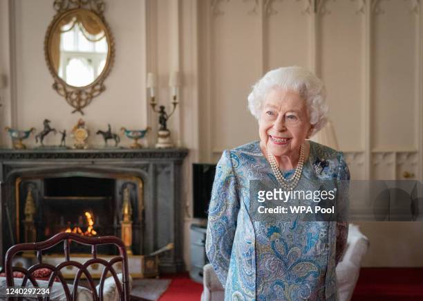 Queen Elizabeth II attends an audience with the President of Switzerland Ignazio Cassis at Windsor Castle on April 28, 2022 in Windsor, England.