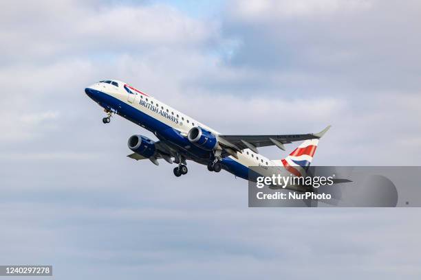 British Airways Embraer ERJ-190 aircraft departs from Amsterdam Schiphol Airport AMS to London City Airport LCY in the United Kingdom. The...