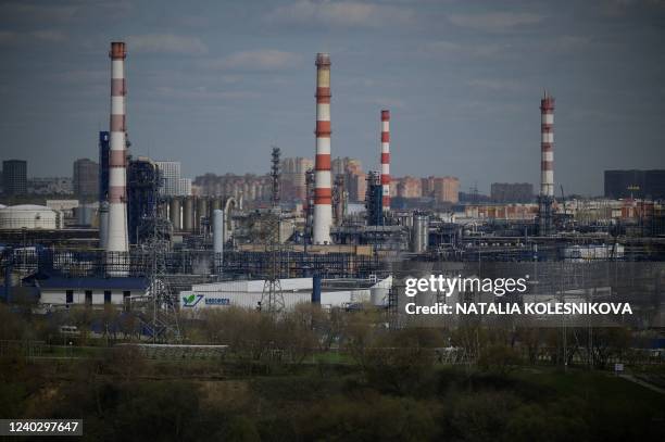 View shows the Russian oil producer Gazprom Neft's Moscow oil refinery on the south-eastern outskirts of Moscow on April 28, 2022.