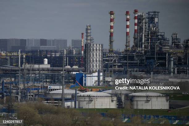 View shows the Russian oil producer Gazprom Neft's Moscow oil refinery on the south-eastern outskirts of Moscow on April 28, 2022.