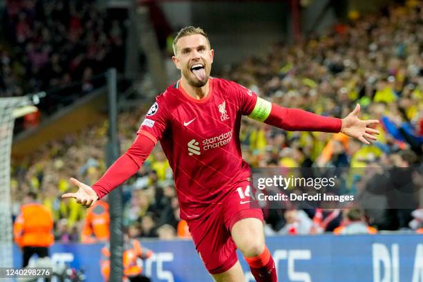 Jordan Henderson of Liverpool FC celebrates after scoring his team's first goal during the UEFA Champions League Semi Final Leg One match between...