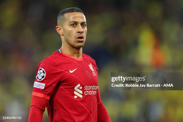 Thiago Alcantara of Liverpool during the UEFA Champions League Semi Final Leg One match between Liverpool and Villarreal at Anfield on April 27, 2022...