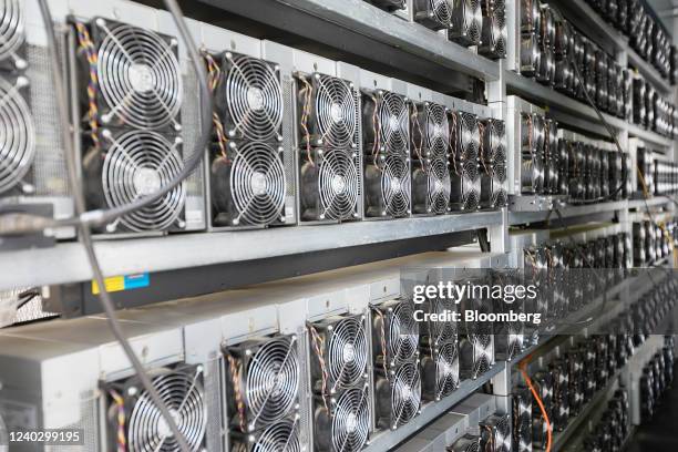 An array of bitcoin mining units inside a container at a Cleanspark facility in College Park, Georgia, U.S., on Friday, April 22, 2022. Georgia is...