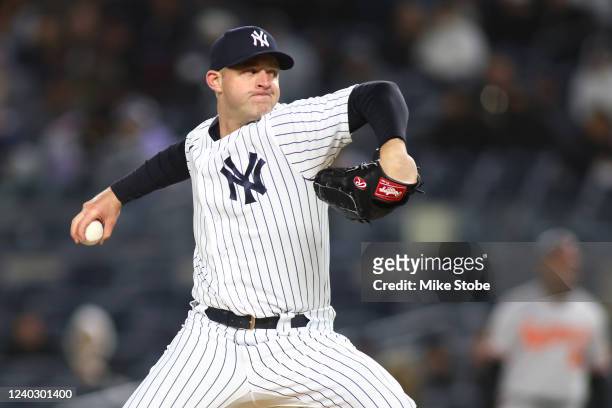 Michael King of the New York Yankees in action against the Baltimore Orioles at Yankee Stadium on April 27, 2022 in New York City. New York Yankees...