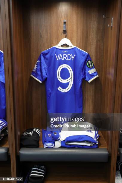 Jamie Vardy of Leicester Citys shirt during the UEFA Conference League Semi Final Leg One match between Leicester City and AS Roma at Leicester City...
