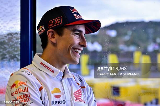 Honda Spanish rider Marc Marquez reacts as he leaves after attending a press conference ahead of the MotoGP Spanish Grand Prix at the Jerez racetrack...
