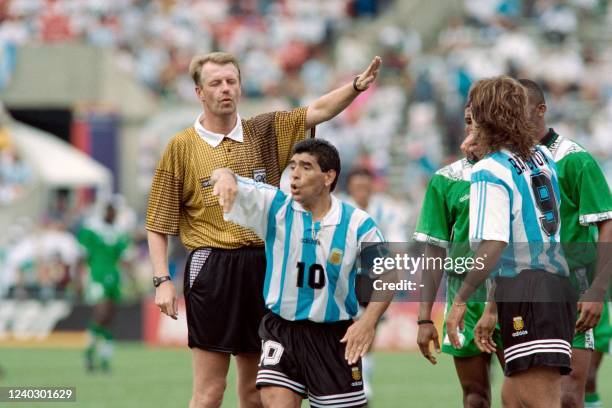 Argentina's Diego Maradona reacts during the 1994 World cup football match between Argentina and Nigeria on June 25, 1994 in Boston.