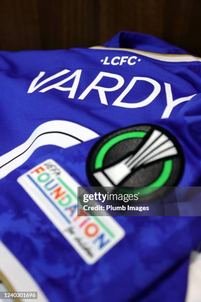 Jamie Vardy of Leicester Citys shirt during the UEFA Conference League Semi Final Leg One match between Leicester City and AS Roma at Leicester City...