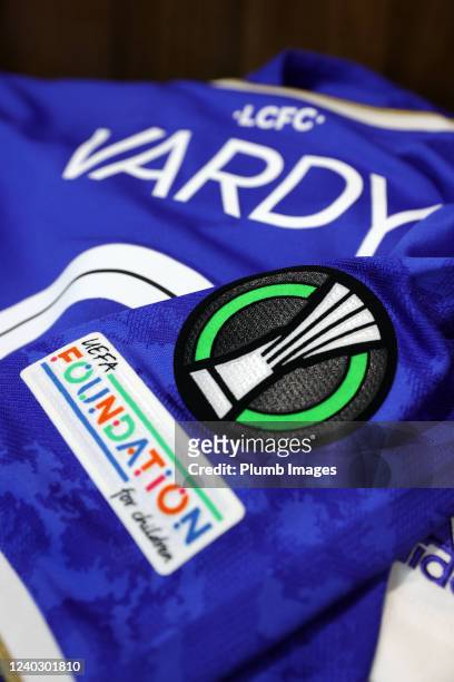 Jamie Vardy of Leicester Citys shirt during the UEFA Conference League Semi Final Leg One match between Leicester City and AS Roma at Leicester City...
