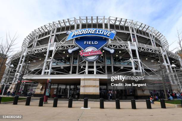 General view outside of Progressive Field before the game between the San Francisco Giants and the Cleveland Guardians at Progressive Field on...