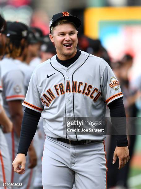 Joc Pederson of the San Francisco Giants is introduced before the game between the San Francisco Giants and the Cleveland Guardians at Progressive...