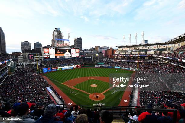 General view of Progressive Field during the game between the San Francisco Giants and the Cleveland Guardians at Progressive Field on Friday, April...