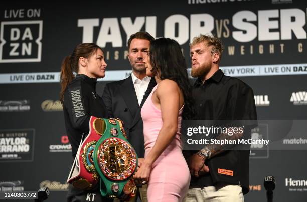 New York , United States - 28 April 2022; Katie Taylor and Amanda Serrano face-off during a media conference, held at the Hulu Theatre at Madison...