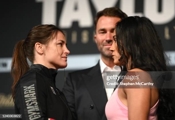 New York , United States - 28 April 2022; Katie Taylor and Amanda Serrano face-off during a media conference, held at the Hulu Theatre at Madison...