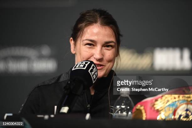 New York , United States - 28 April 2022; Katie Taylor during a media conference, held at the Hulu Theatre at Madison Square Garden, ahead of her...