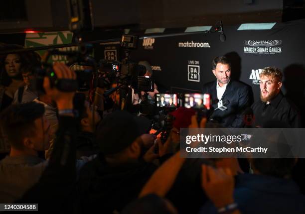 New York , United States - 28 April 2022; Promoters Jake Paul and Eddie Hearn, left, during a media conference, held at the Hulu Theatre at Madison...