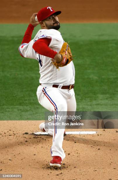 Martin Perez of the Texas Rangers pitches against the Houston Astros during the first inning at Globe Life Field on April 28, 2022 in Arlington,...